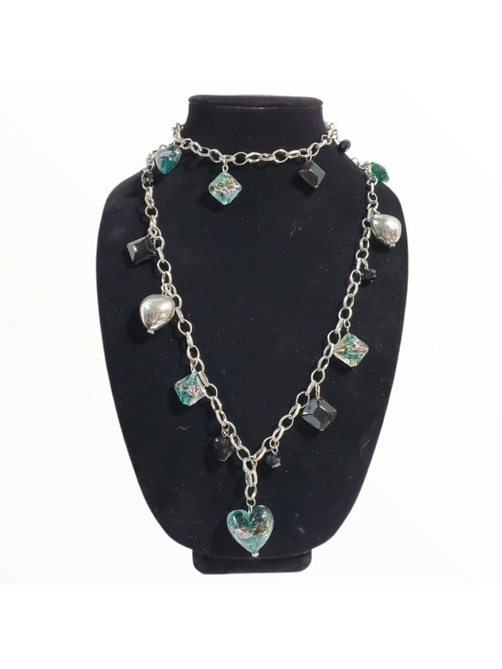 Silvertone long infinity fashion charm station necklace